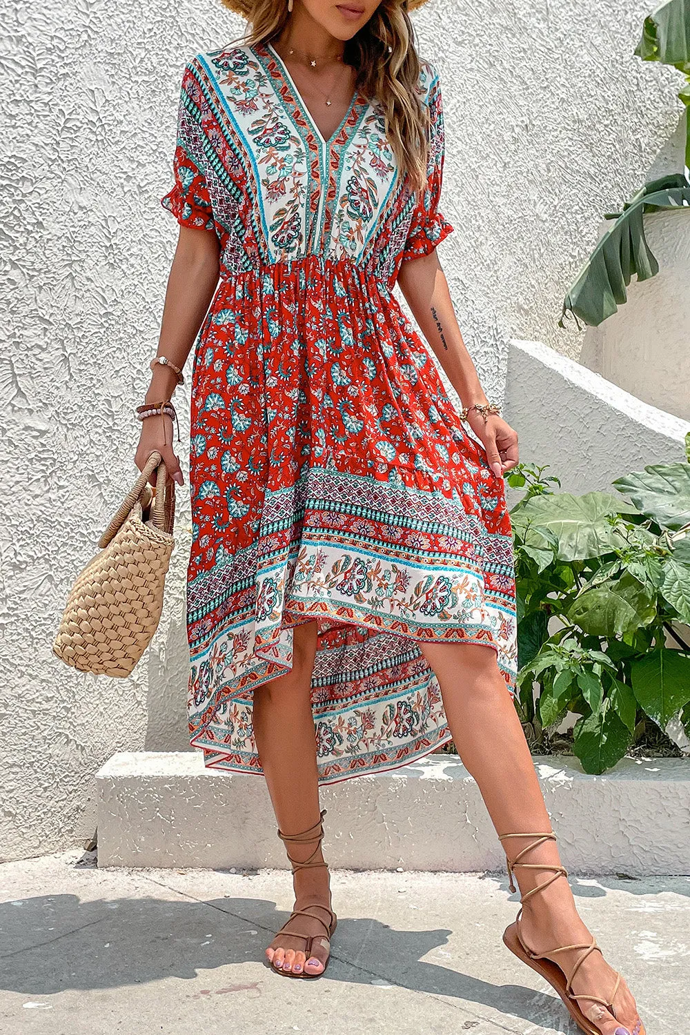 Printed A Line V Neck Red Summer Dress sold by Zapaka product image thumbnail 5