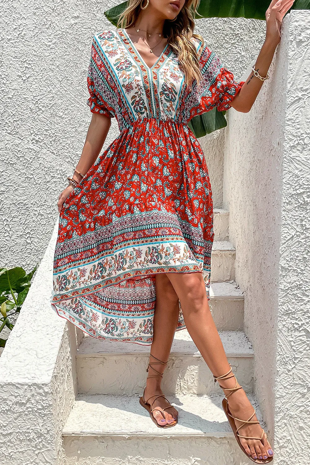 Printed A Line V Neck Red Summer Dress sold by Zapaka product image thumbnail 4