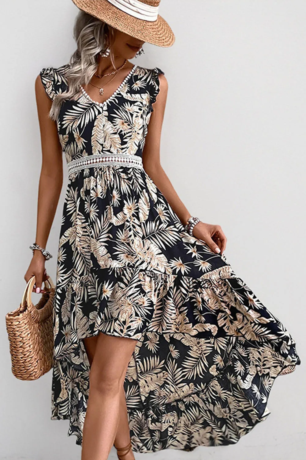 Black Printed A Line Ruffled Summer Dress sold by Zapaka product image thumbnail 3