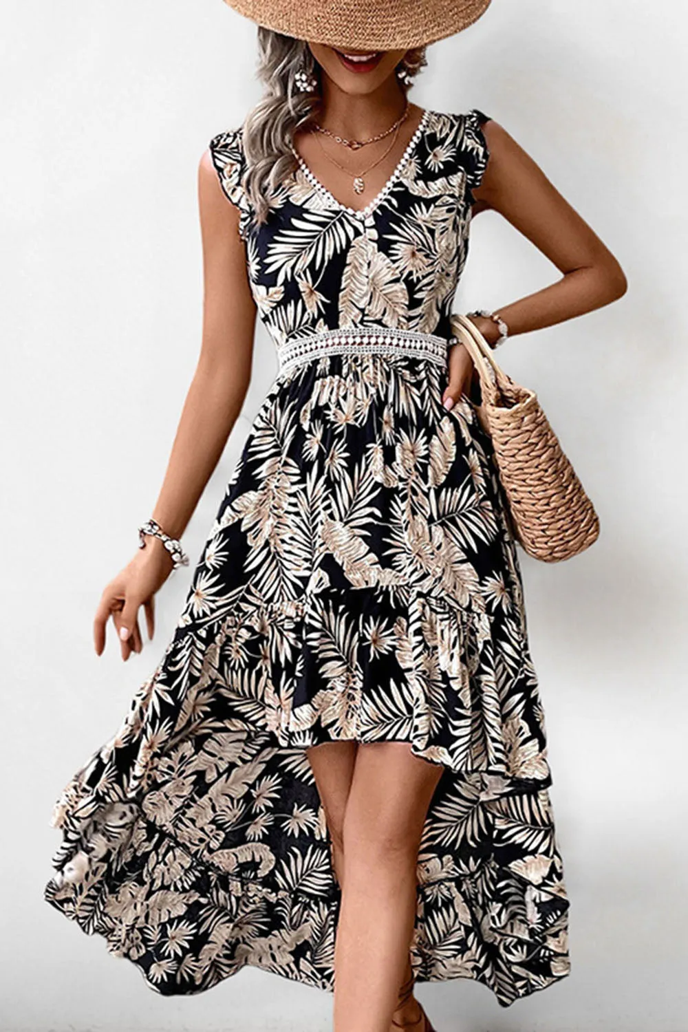 Black Printed A Line Ruffled Summer Dress sold by Zapaka product image thumbnail 4