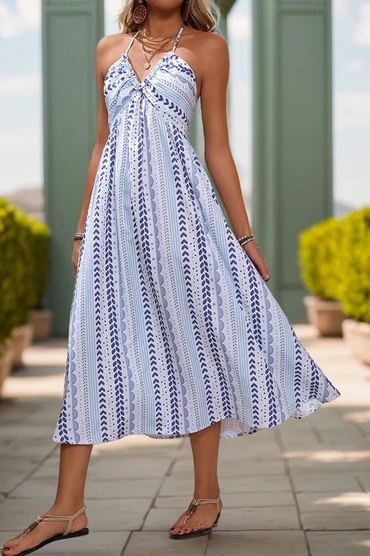 Light Blue Printed Halter A Line Summer Dress sold by Zapaka