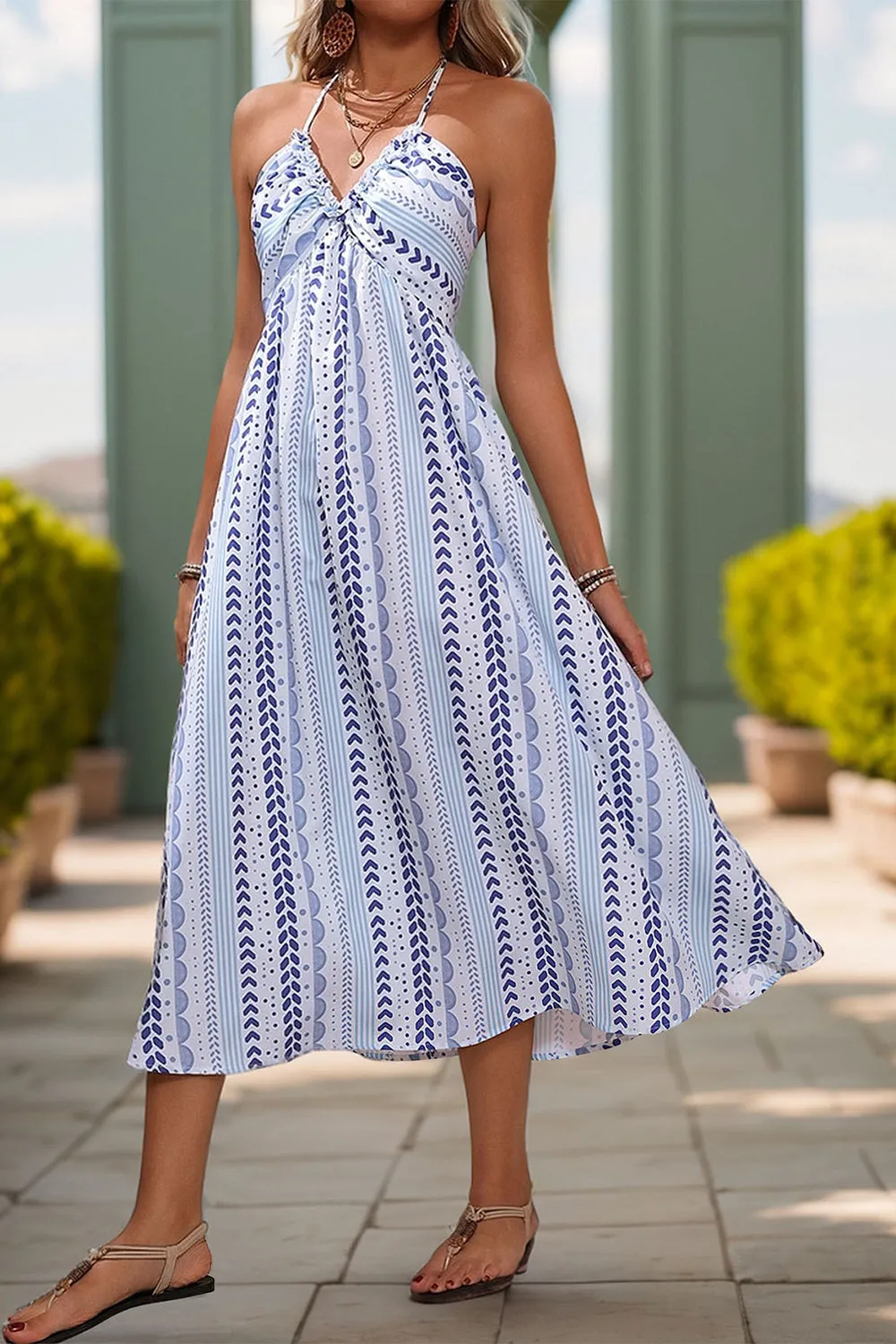 Light Blue Printed Halter A Line Summer Dress sold by Zapaka