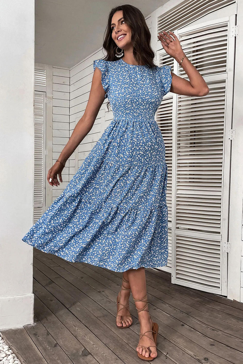 Blue Floral A Line Printed Round Neck Summer Dress sold by Zapaka product image thumbnail 3