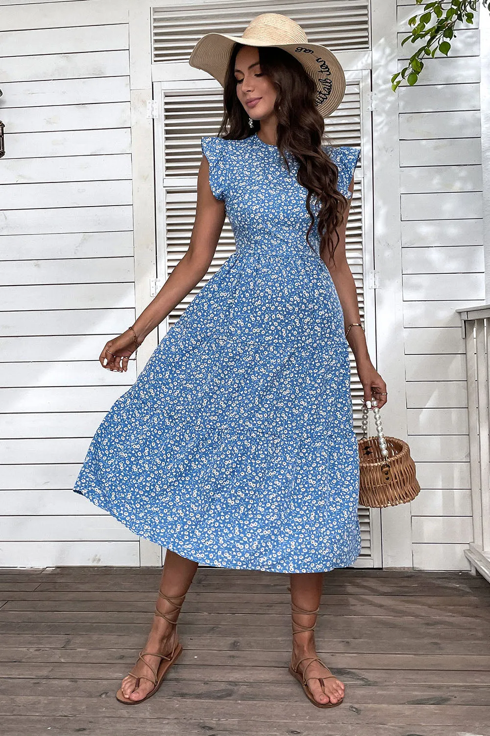 Blue Floral A Line Printed Round Neck Summer Dress sold by Zapaka product image thumbnail 4
