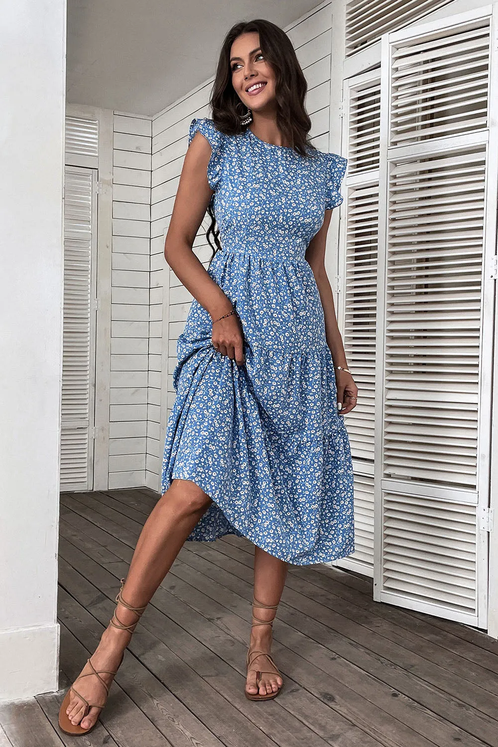 Blue Floral A Line Printed Round Neck Summer Dress sold by Zapaka