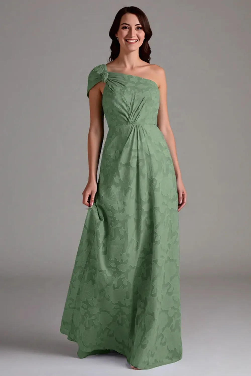 A-Line One Shoulder Ruched Eucalyptus Bridesmaid Dress sold by Zapaka