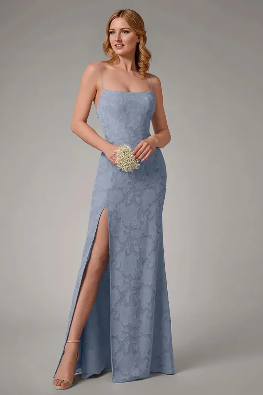 Dusty Blue Sheath Spaghetti Straps Bridesmaid Dress with Slit sold by Zapaka