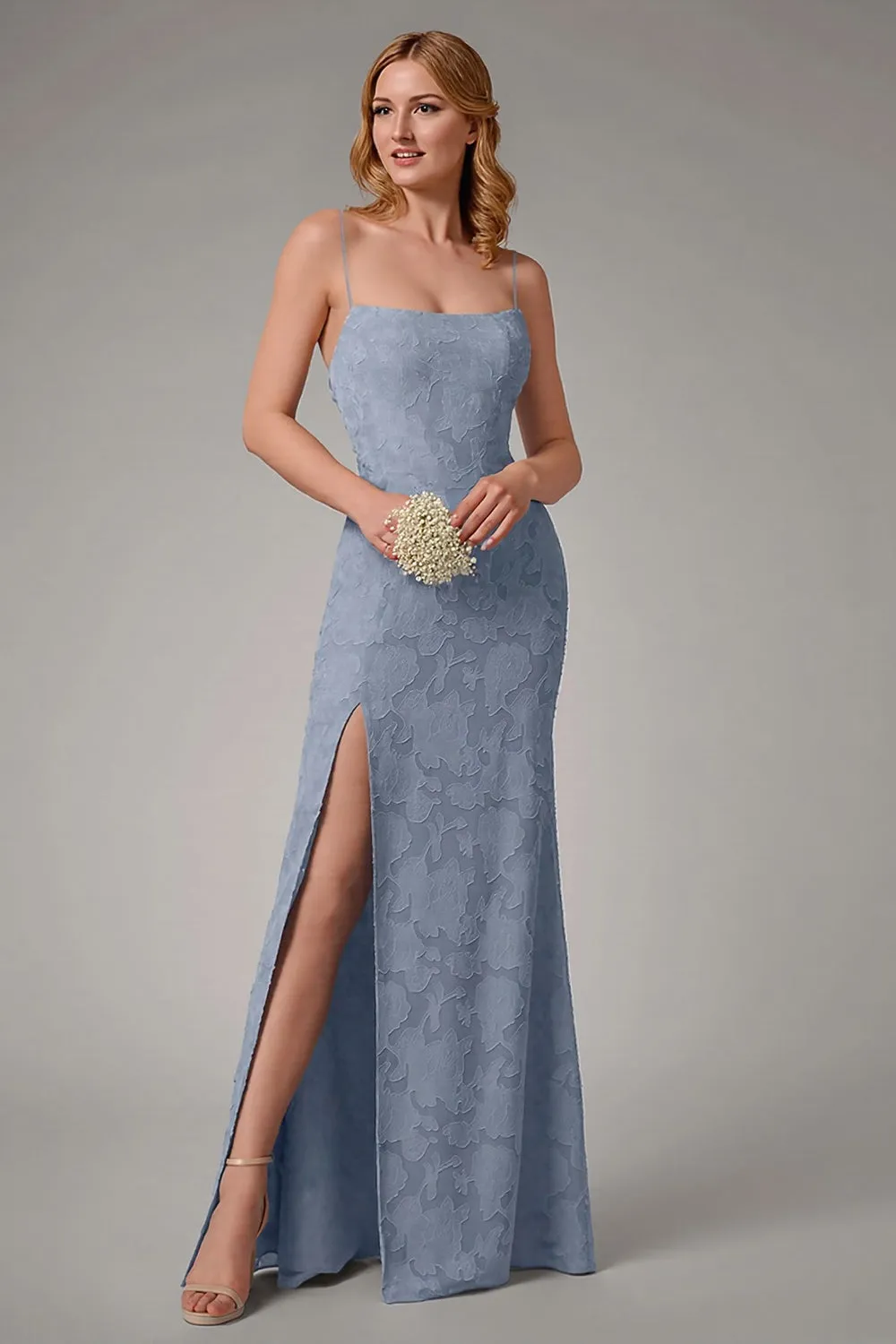 Dusty Blue Sheath Spaghetti Straps Bridesmaid Dress with Slit sold by Zapaka