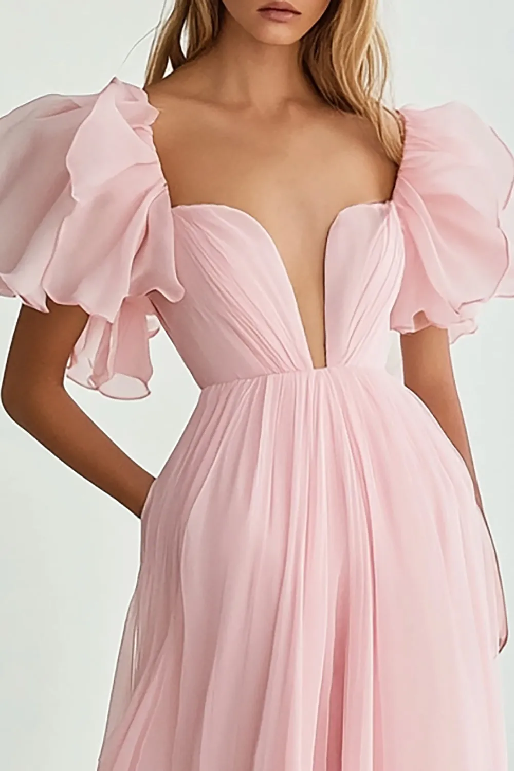 Pink A Line Sweetheart Ruffled Long Formal Dress with Sleeves sold by Zapaka product image thumbnail 2
