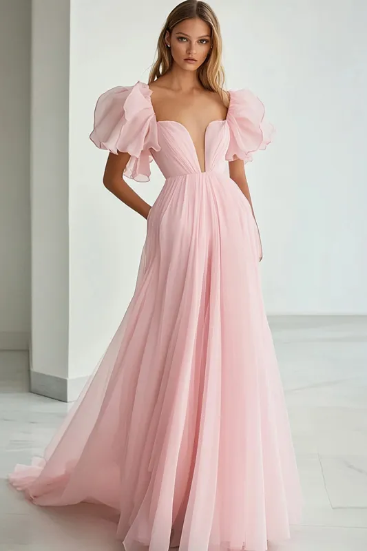 Pink A Line Sweetheart Ruffled Long Formal Dress with Sleeves sold by Zapaka