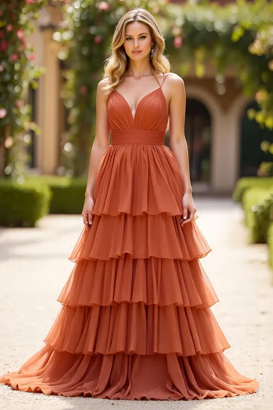 Terracotta A Line V- Neck Ruffled Long Prom Dress sold by Zapaka
