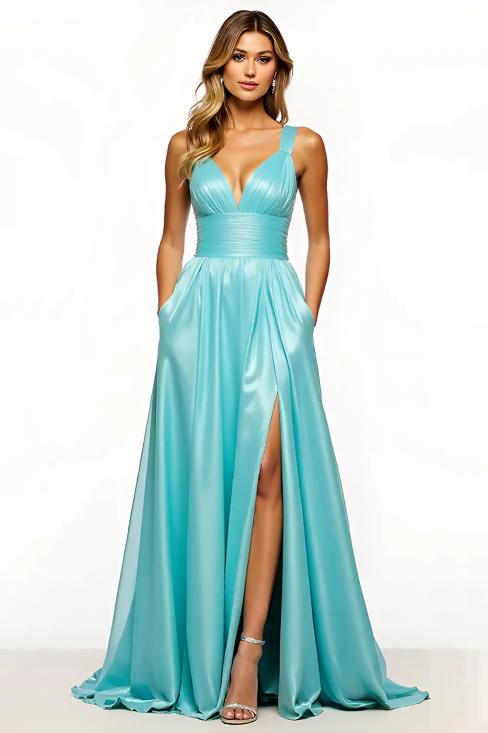 Slate Blue A Line V-Neck Long Prom Dress with Pockets sold by Zapaka