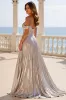 Sliver Metallic A Line Off the Shoulder Pleated Long Prom Dress with Slit sold by Zapaka