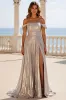 Sliver Metallic A Line Off the Shoulder Pleated Long Prom Dress with Slit sold by Zapaka