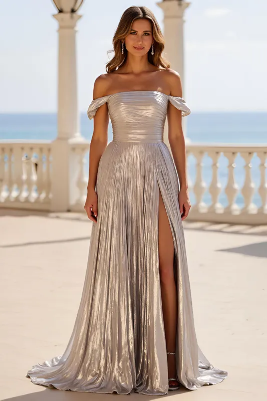 Sliver Metallic A Line Off the Shoulder Pleated Long Prom Dress with Slit sold by Zapaka