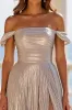 Sliver Metallic A Line Off the Shoulder Pleated Long Prom Dress with Slit sold by Zapaka