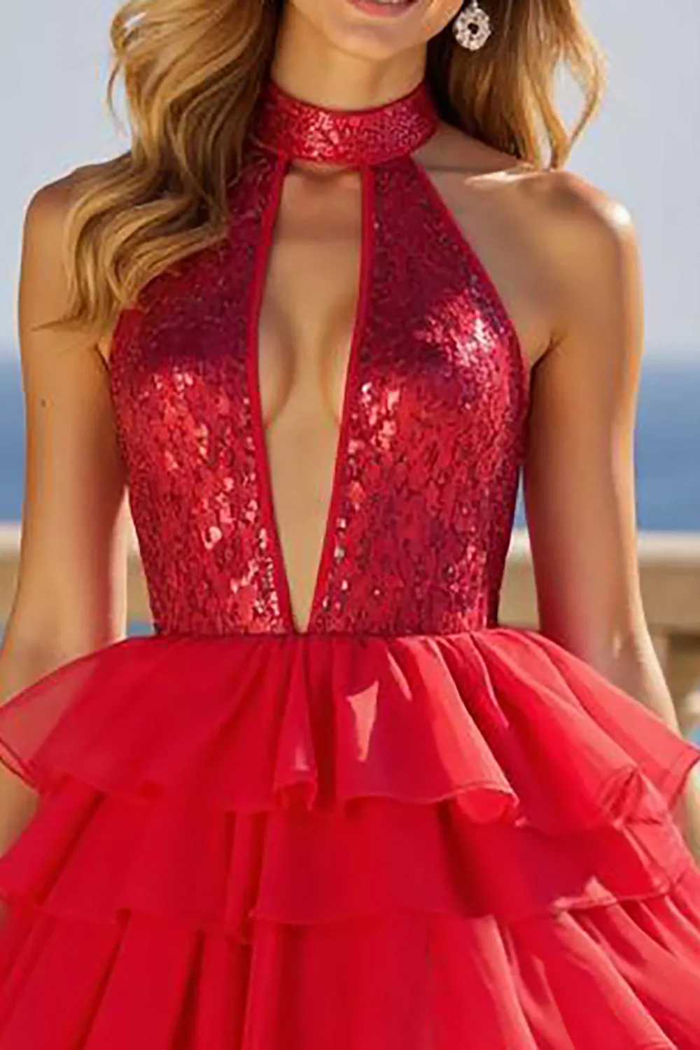 Sparkly Red A Line High Neck Ruffled Keyhole Tulle Long Prom Dress with Slit sold by Zapaka product image thumbnail 2