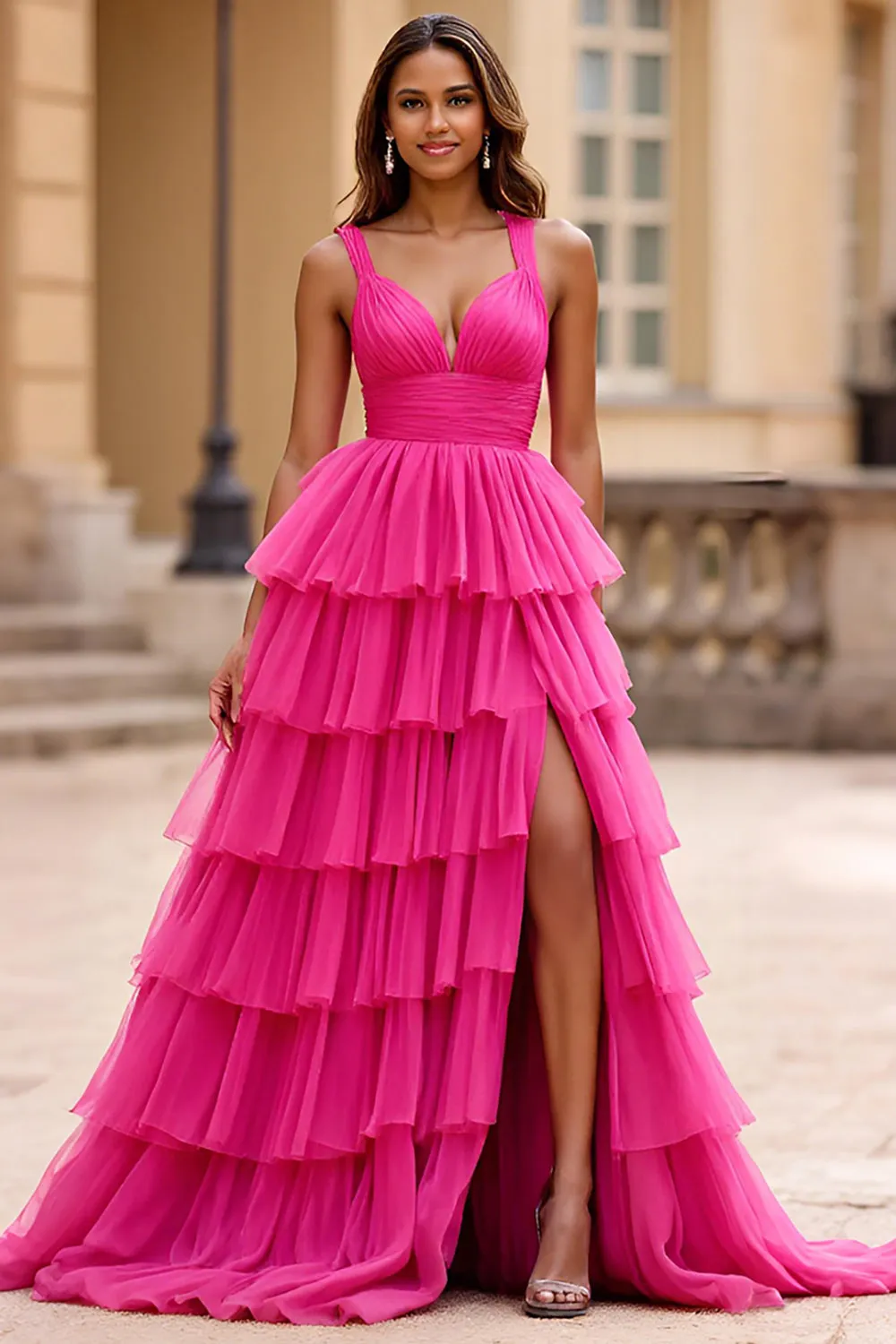 Fuchsia A Line V-Neck Tulle Long Prom Dress with Ruffles sold by Zapaka