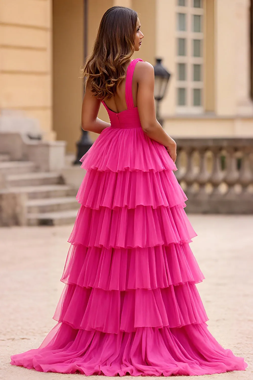 Fuchsia A Line V-Neck Tulle Long Prom Dress with Ruffles sold by Zapaka product image thumbnail 2