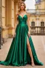Dark Green A Line Spaghetti Straps Satin Long Prom Dress sold by Zapaka