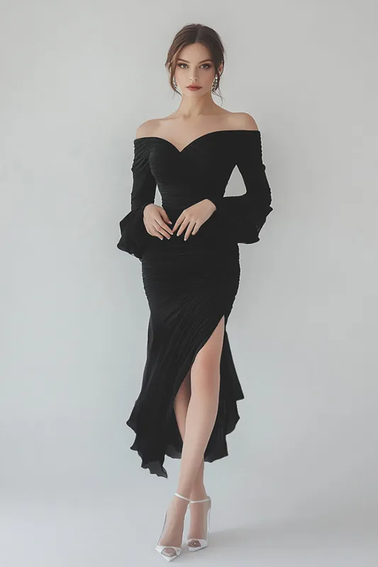 Black Chiffon Long Sleeve Formal Dress with Ruffles sold by Zapaka