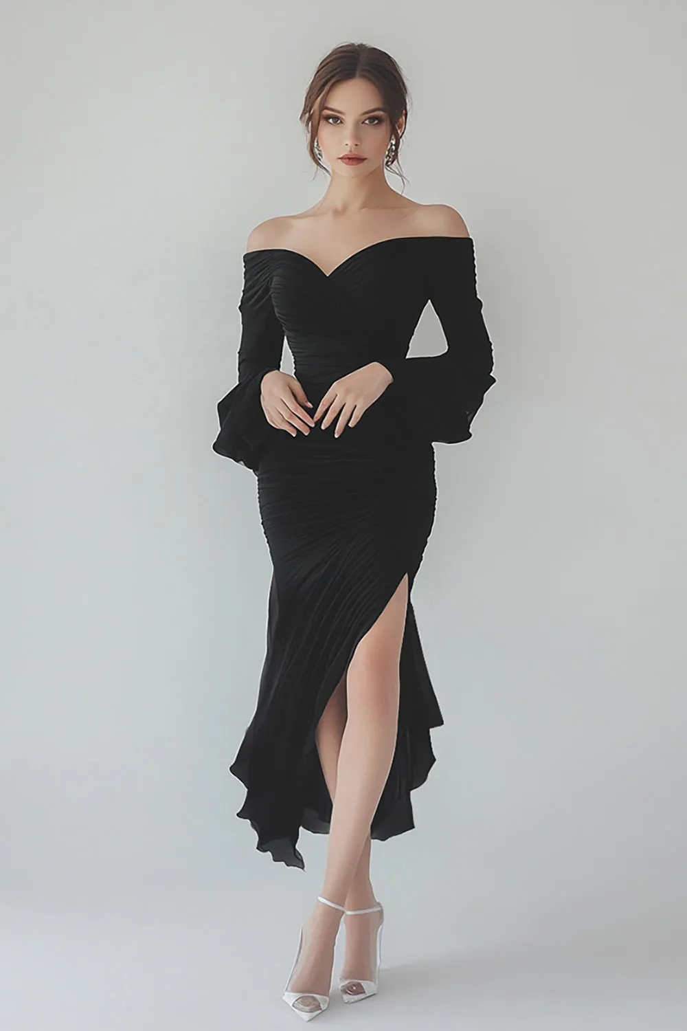 Black Chiffon Long Sleeve Formal Dress with Ruffles sold by Zapaka