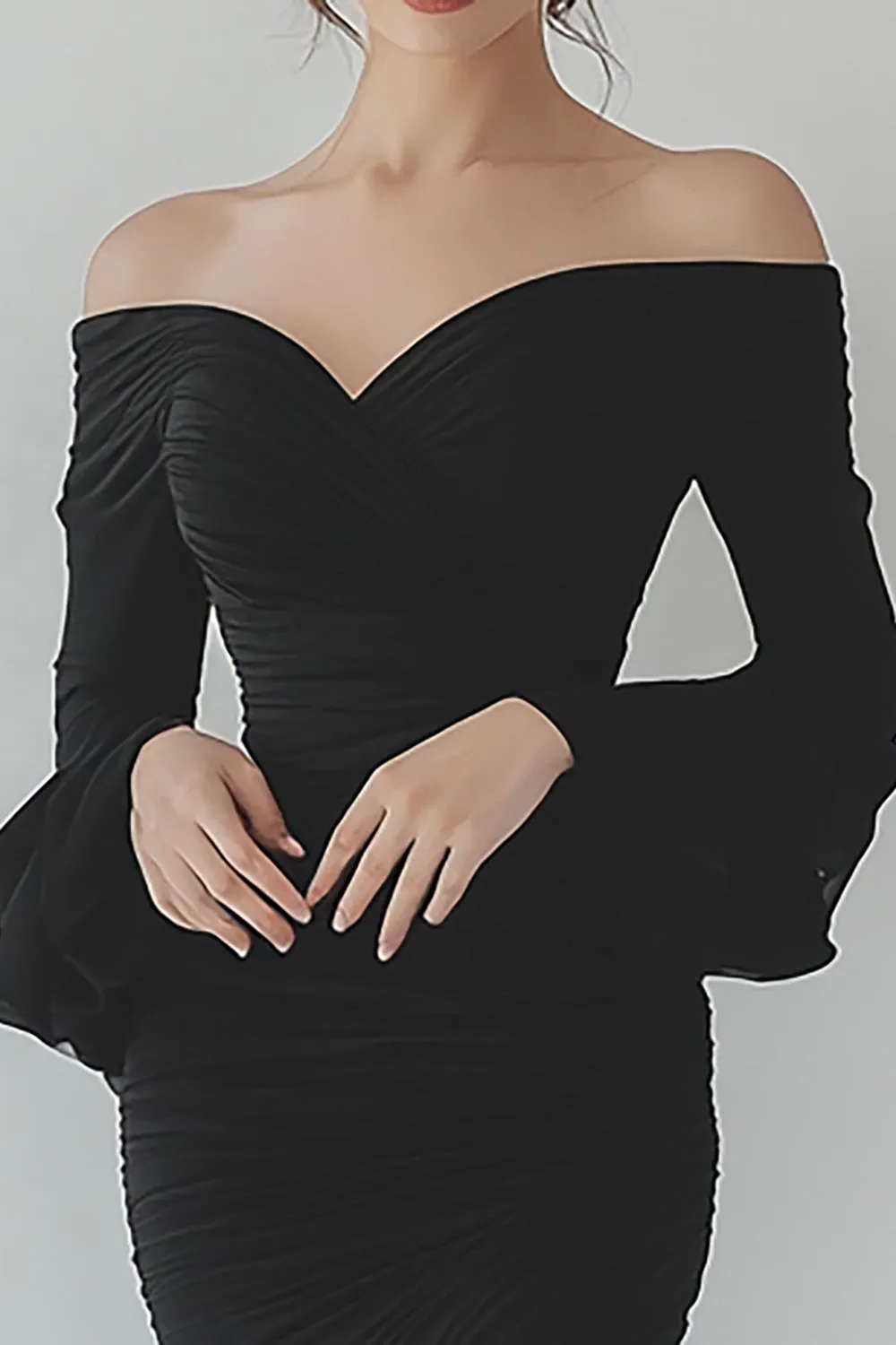 Black Chiffon Long Sleeve Formal Dress with Ruffles sold by Zapaka product image thumbnail 2