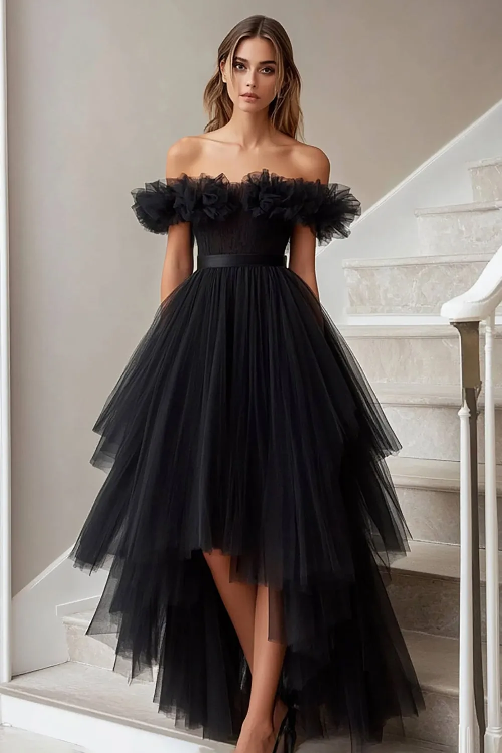 Black A Line Off the Shoulder Tulle Formal Dress with Ruffles sold by Zapaka