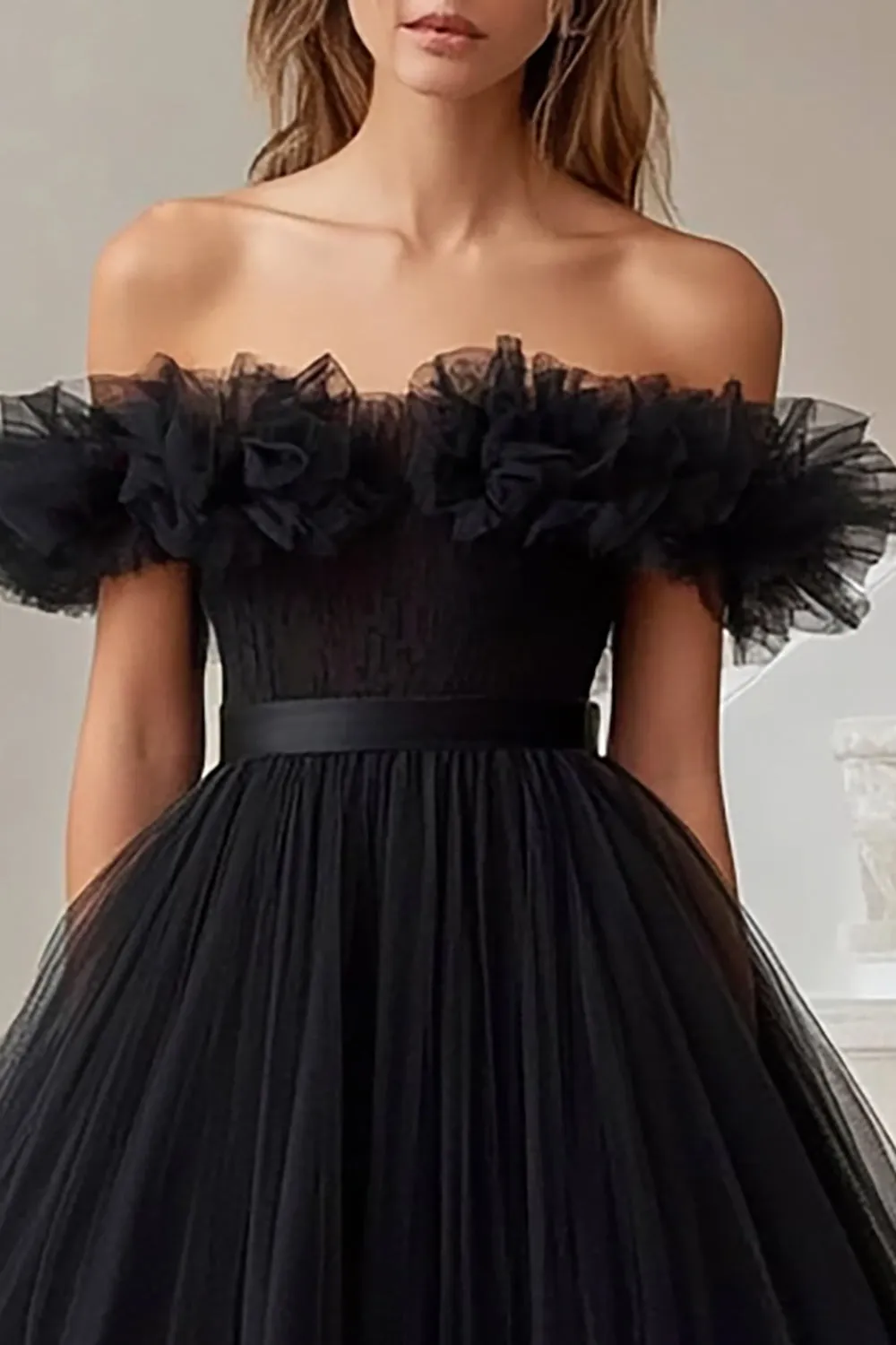 Black A Line Off the Shoulder Tulle Formal Dress with Ruffles sold by Zapaka product image thumbnail 2