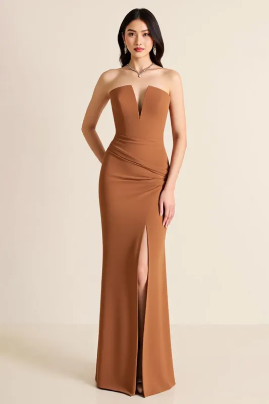 Brown Mermaid Strapless Long Formal Dress with Slit sold by Zapaka