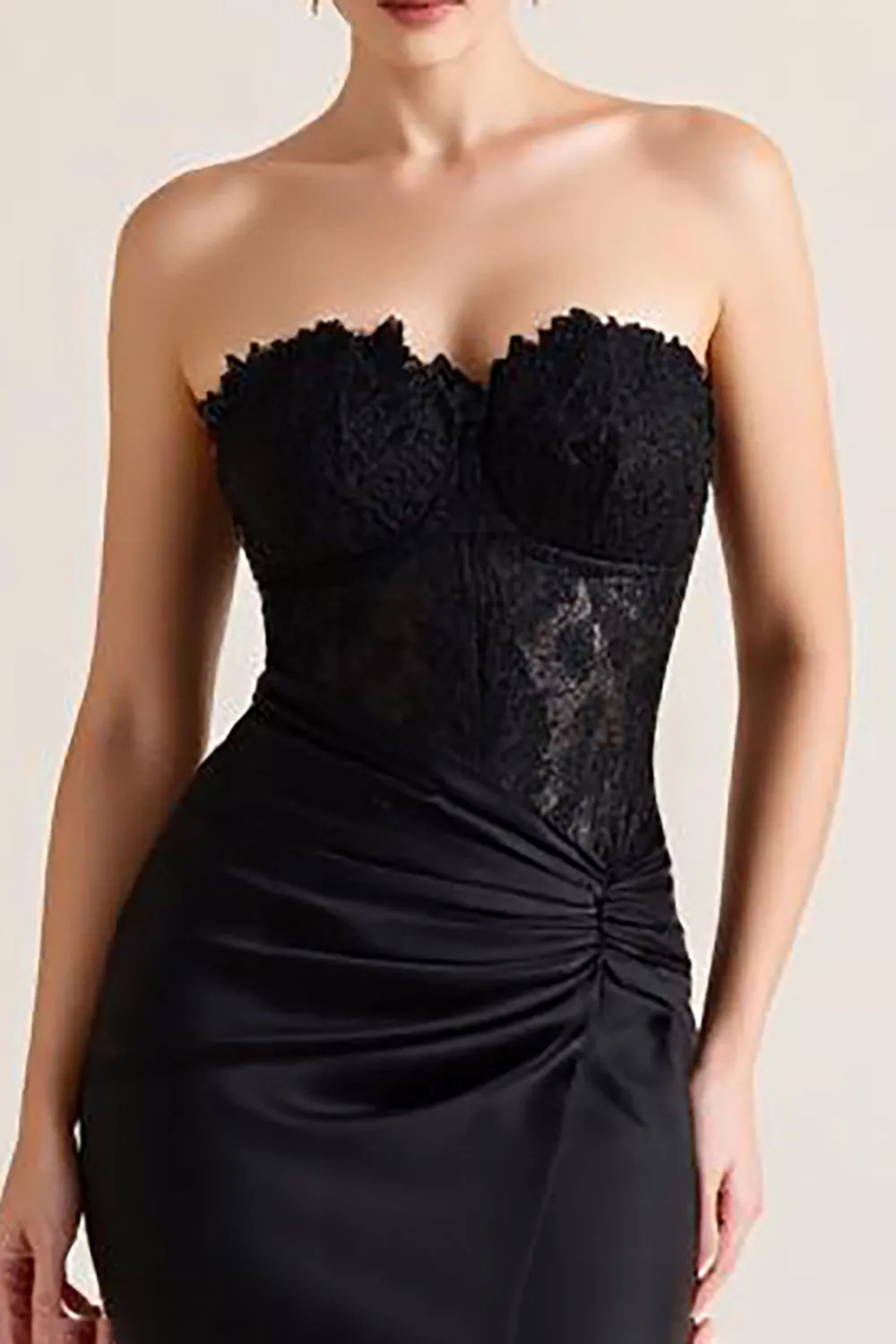 Black Mermaid Ruched Strapless Satin Long Formal Dress with Lace sold by Zapaka product image thumbnail 2