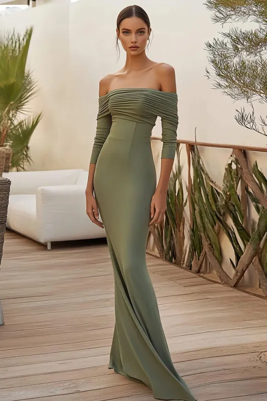 Dusty Sage Mermaid Ruched Off the Shoulder Long Formal Dress with Sleeves sold by Zapaka
