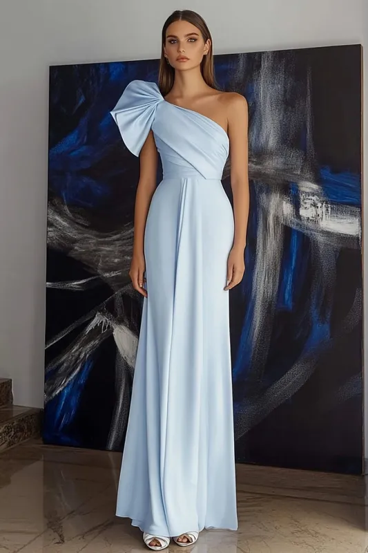 Sky Blue Satin Sheath Long Formal Dress with Ruffles sold by Zapaka