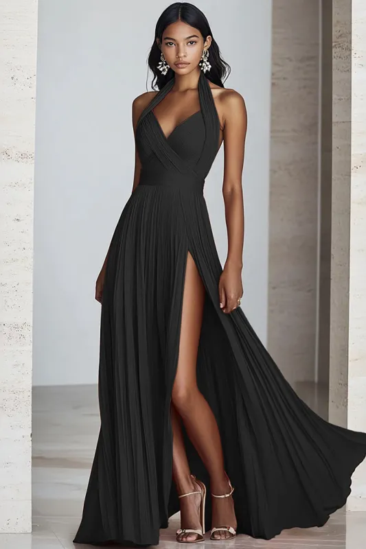 Black A Line Halter Chiffon Long Pleated Formal Dress sold by Zapaka