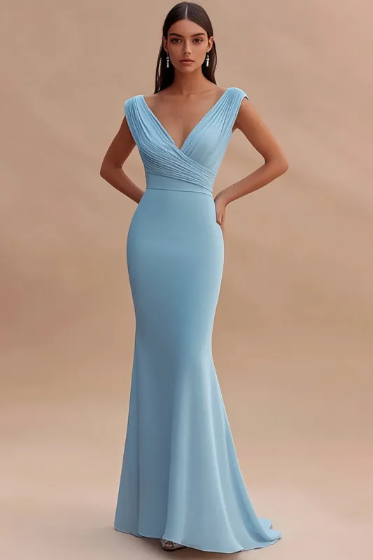 Sky Blue Mermaid Ruched V-Neck Long Formal Dress sold by Zapaka