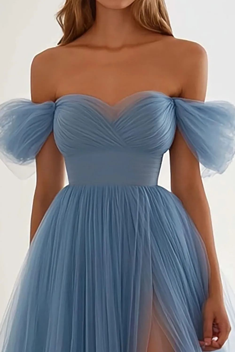 Grey Blue A Line Tulle Long Prom Dress with Slit sold by Zapaka product image thumbnail 2