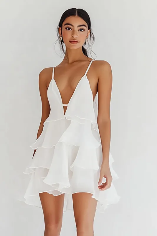 White Chiffon Tiered Short Graduation Dress with Ruffles sold by Zapaka
