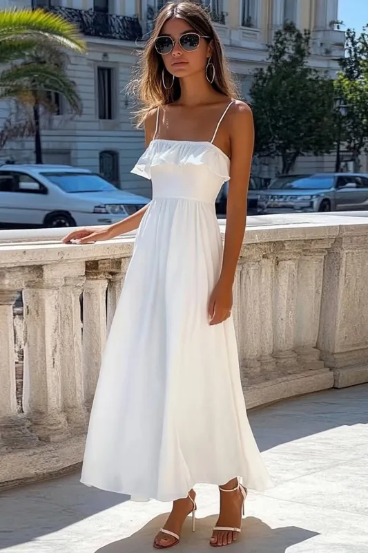 White Ruffled Spaghetti Straps A Line Long Holiday Party Dress sold by Zapaka