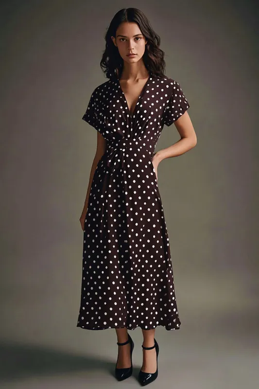 A Line Chiffon Coffee White Polka Dots Dress with Short Sleeves sold by Zapaka