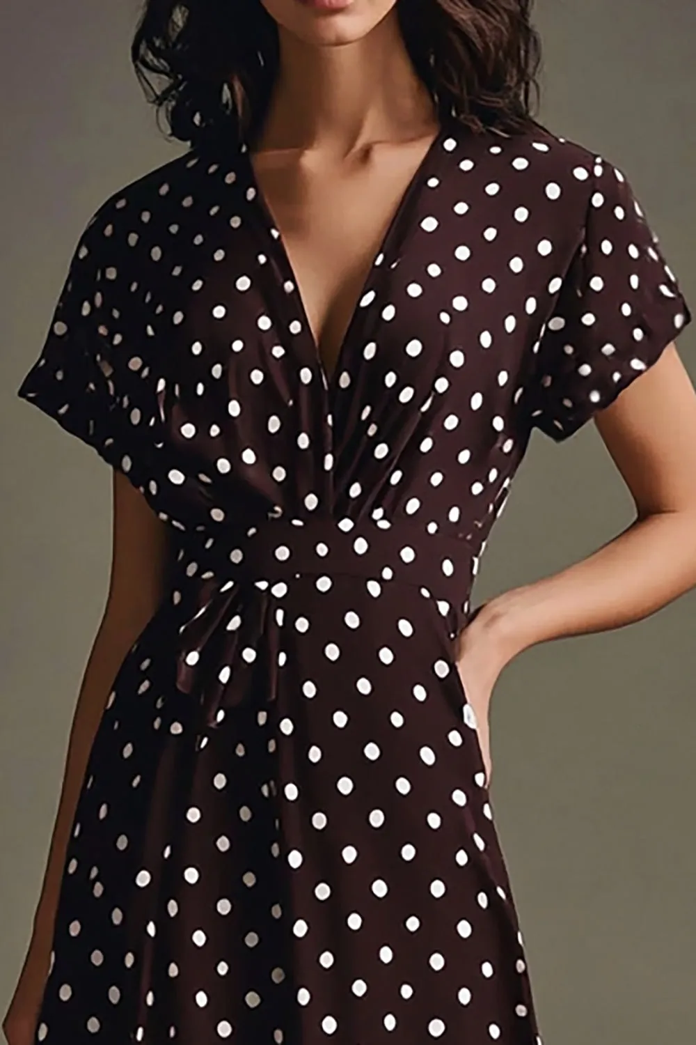 A Line Chiffon Coffee White Polka Dots Dress with Short Sleeves sold by Zapaka product image thumbnail 2