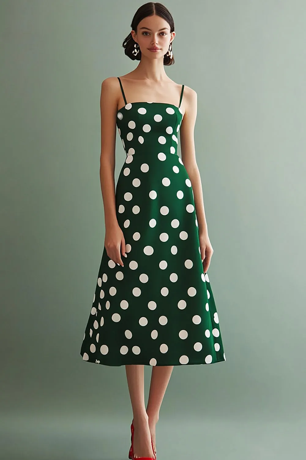 A Line Spaghetti Straps Green White Polka Dots Dress sold by Zapaka