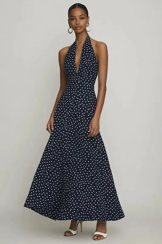 Chiffon Halter A-Line Black White Polka Dots Dress sold by Zapaka