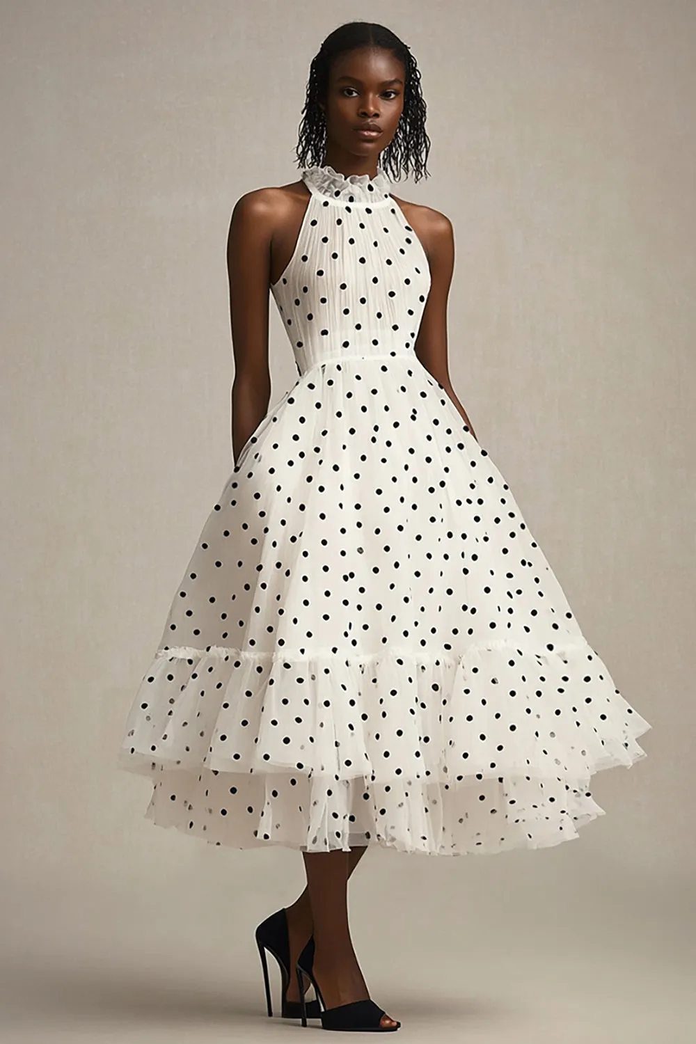 A Line Ruffled High Neck White Black Polka Dots Dress sold by Zapaka