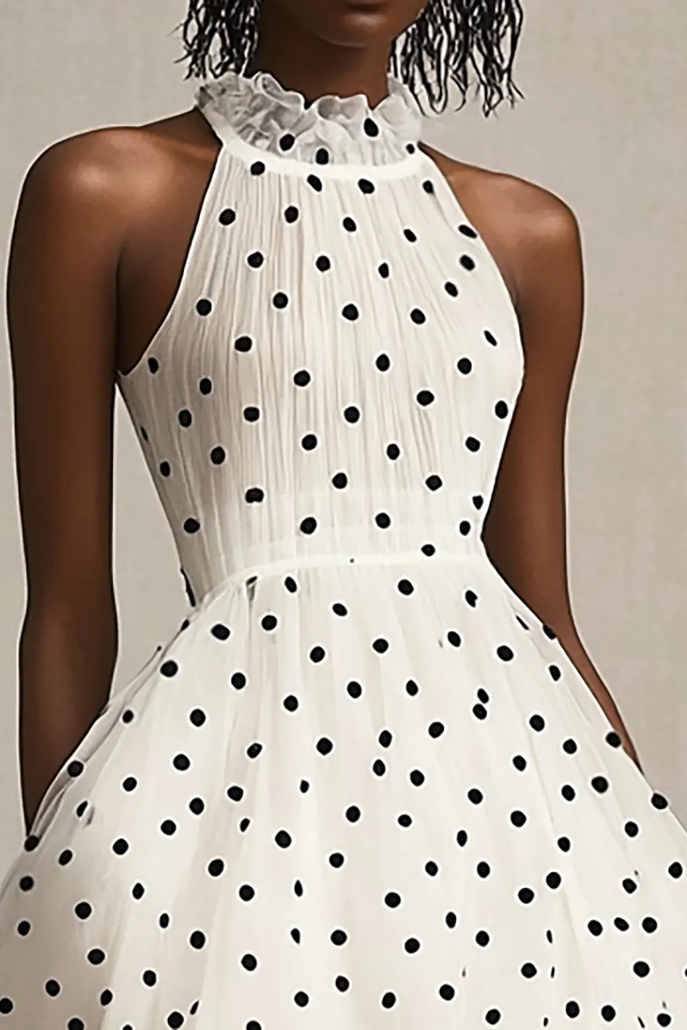 A Line Ruffled High Neck White Black Polka Dots Dress sold by Zapaka product image thumbnail 2