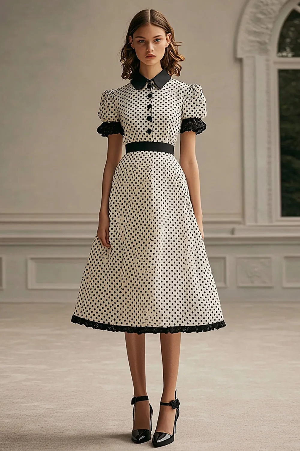A Line Lapel White Black Polka Dots Dress with Puff Sleeves sold by Zapaka