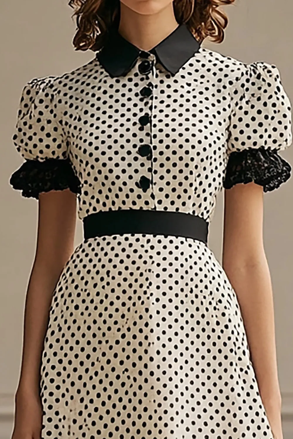 A Line Lapel White Black Polka Dots Dress with Puff Sleeves sold by Zapaka product image thumbnail 2