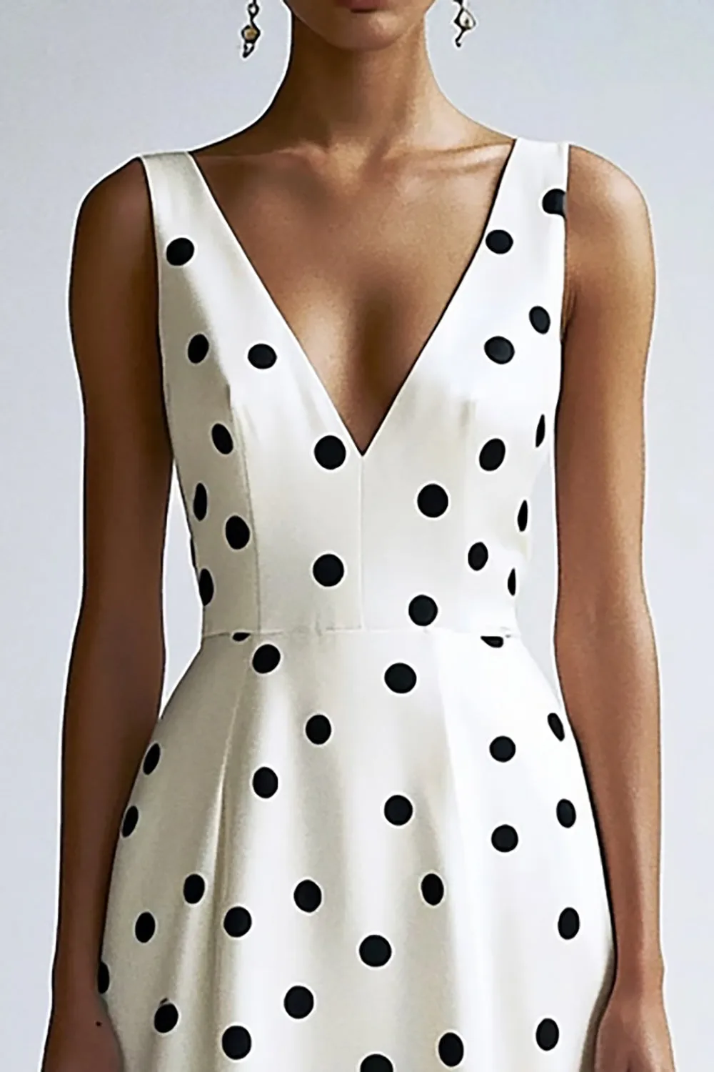 A Line V Neck Midi White Black Polka Dots Dress sold by Zapaka product image thumbnail 2