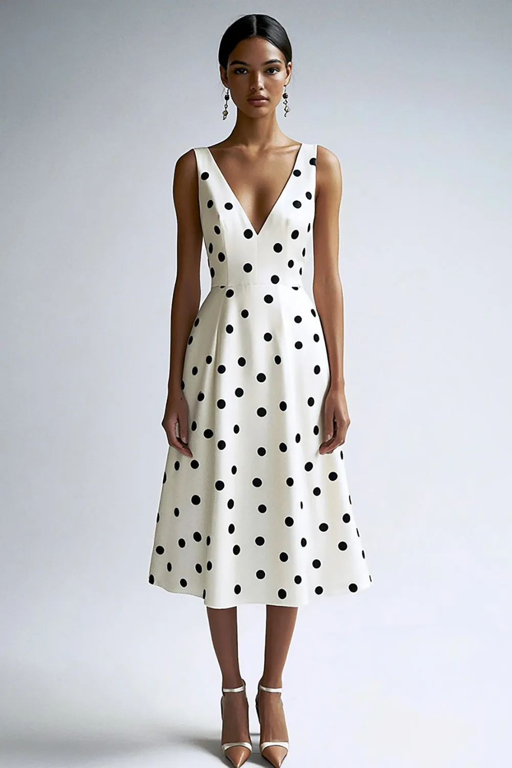 A Line V Neck Midi White Black Polka Dots Dress sold by Zapaka