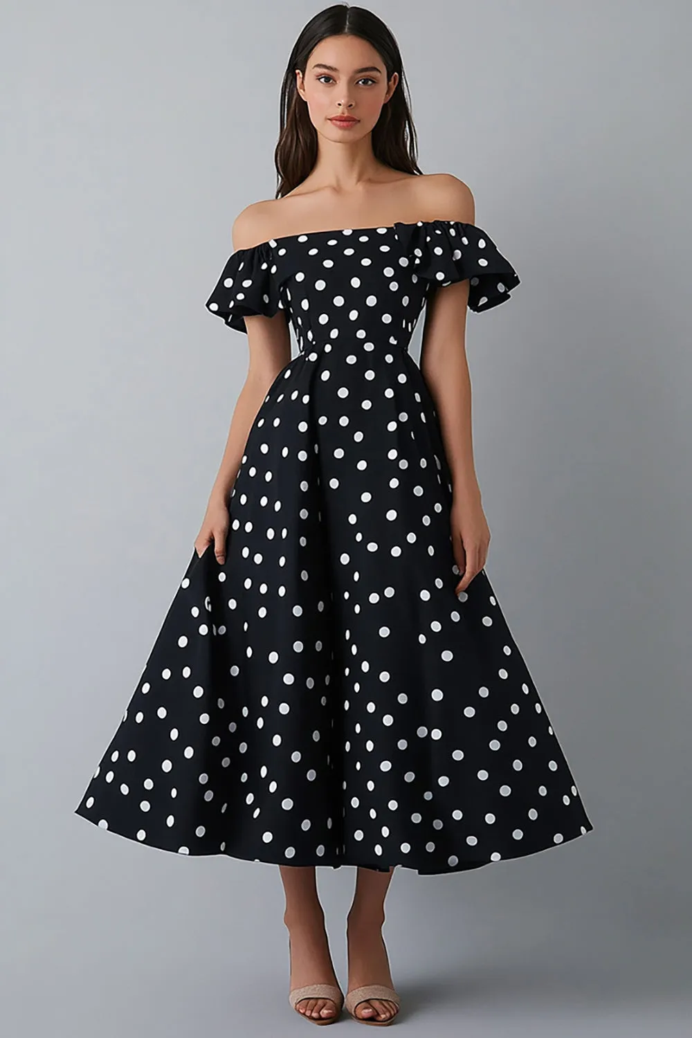 Off The Shoulder Ruffled Black White Polka Dots Dress sold by Zapaka
