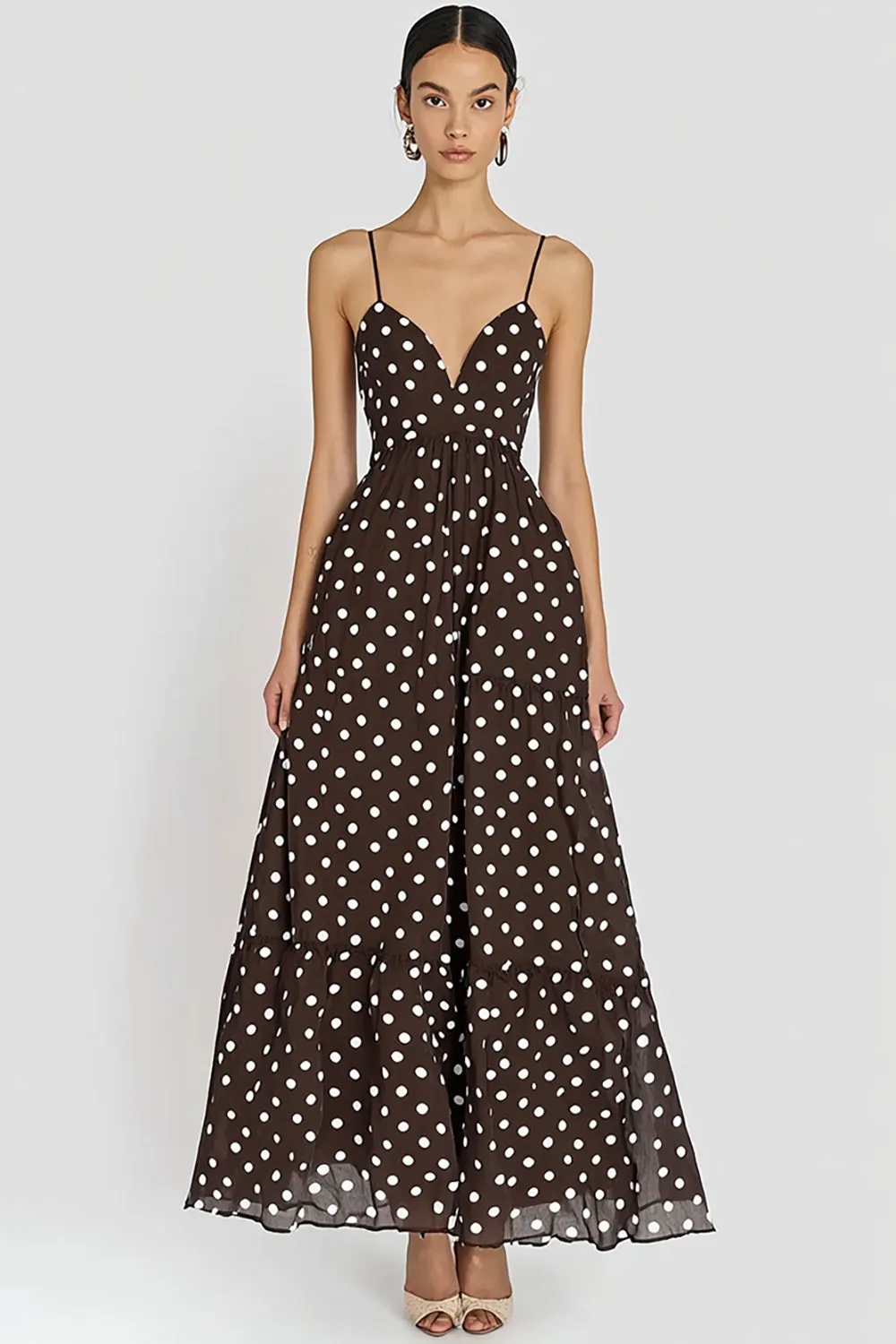 Coffee Spaghetti Straps A Line White Polka Dots Dress sold by Zapaka
